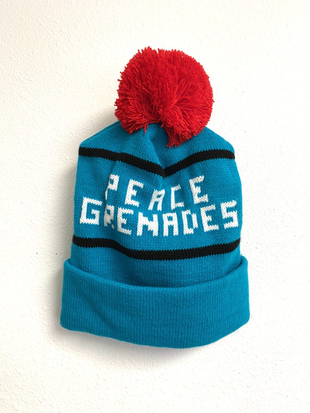 TEAL AND RED POM BEANIE